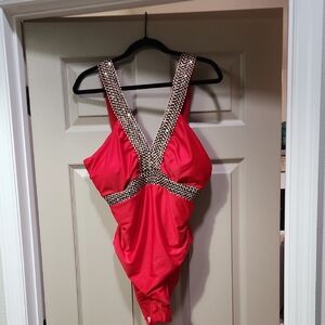 Red One-Piece Swimsuit with Gold Accents. Perfect Vacay Piece!